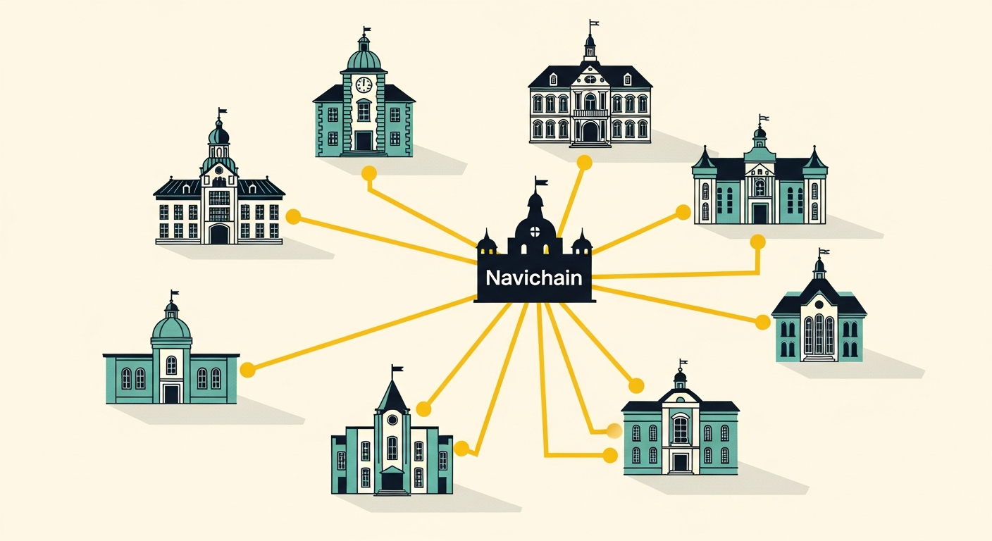 Diagram som visar Navichain som en hub som emulerar Opter för partners, samtidigt som den integrerar med Fortnox och e-CMR.