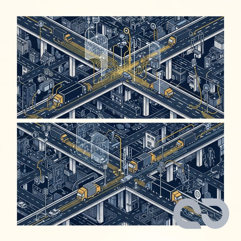 En karta med optimerade rutter och fordonssymboler, som illustrerar AI-driven ruttoptimering för transport och logistik.