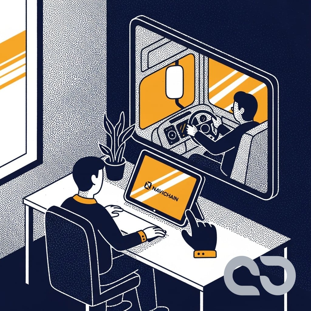 Kollegor diskuterar vid en kaffemaskin med surfplattor, symboliserande digital kommunikation och samarbete i transportbranschen.