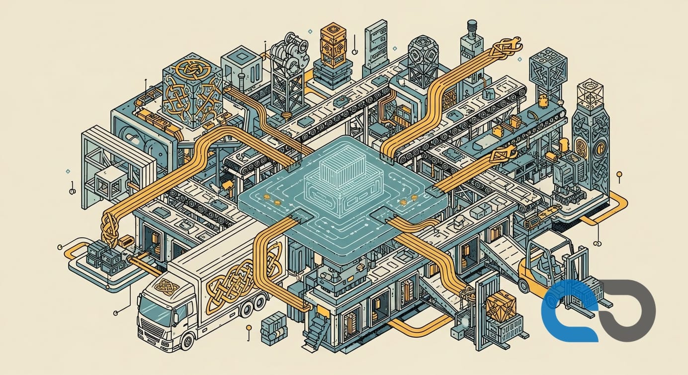 Illustration av en lastbil och en lagerbyggnad sammankopplade med digitala linjer, symboliserande Navichains integrerade TMS och WMS-lösning för end-to-end logistik och artikelspårbarhet.